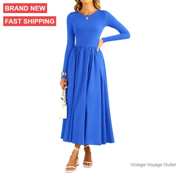 Long Sleeve Midi Dress with Pockets, Cotton-Blend, Elastic Waist, Wedding  Guest